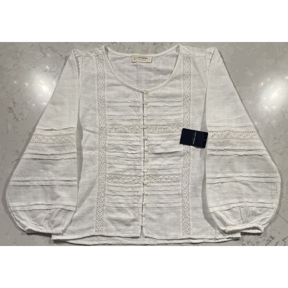 NWT Lucky Brand Blouse Womens Medium White Pintuck Lace Peasant Long Sleeve Boho
